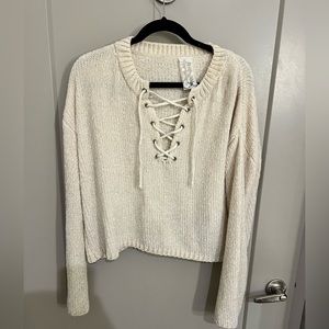Lace Up Chenille Cropped Sweater